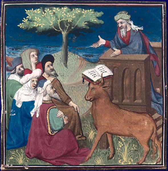 Mahomet prêchant illustré par le Maître de Rohan et collab. Boccace, De casibus, Paris, 1er quart du XVe siècle. BnF.