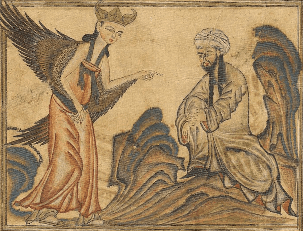 Mohammed reçoit sa première révélation de l'ange Gabriel. Miniature du manuscrit Jami 'al-Tawarikh de Rashid al-Din, Tabriz,1307. Collection de l'Université d'Edimbourg