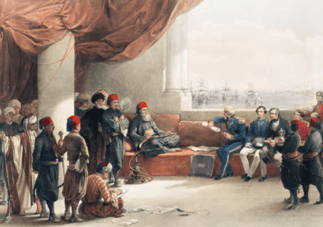 Méhmét Ali rencontre patrick Campbell, consul général britanique et des ingénieurs français vers 1840 dans son palais à Alexandrie. Lithographie de David Roberts
