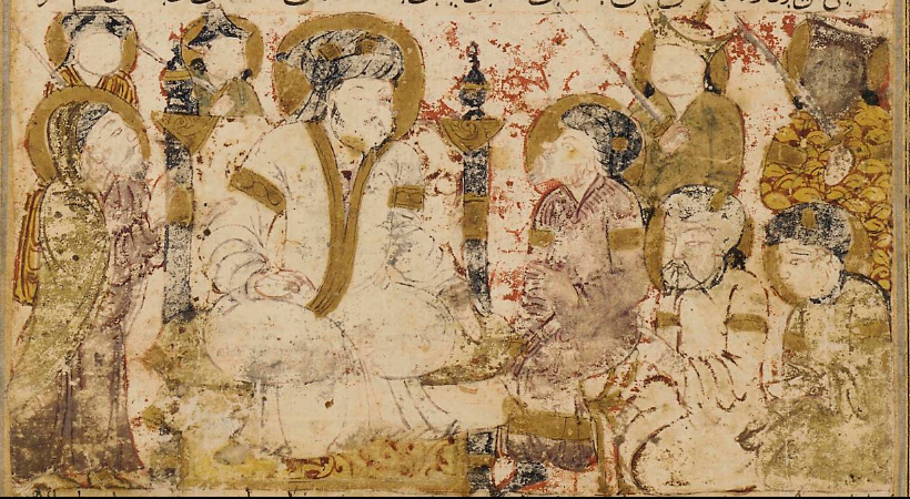 Abu’l-’Abbas al-Saffah proclamé premier calife abbasside, recevant des promesses d’allégeance à Koufa. Manuscrit Tarikhnama (le livre de l’Histoire) de Bal’ami, Irak début du 14e siècle