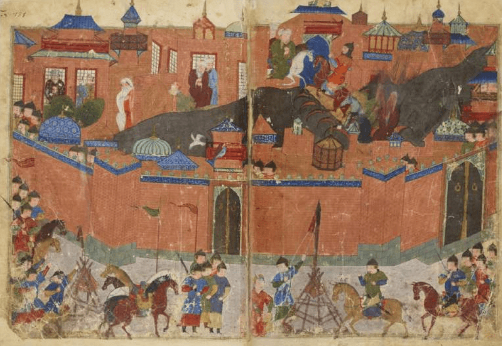 Les Mongols assiègent Bagdad en 1258 - Manuscrit Jami’ al-tawarikh (Compendium des chroniques) de Rachid al-Din - Circa 1430, BnF.