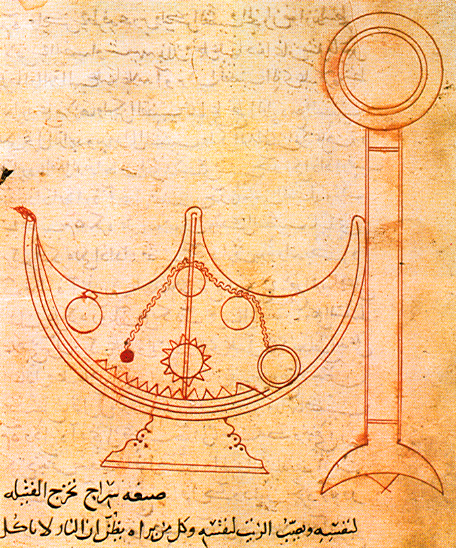 Illustration originale d’une lampe à auto-ajustement dont il est question dans le traité sur les dispositifs mécaniques ingénieux d’Ahmad ibn Musa ibn Shakir. Collection Granger, New-York