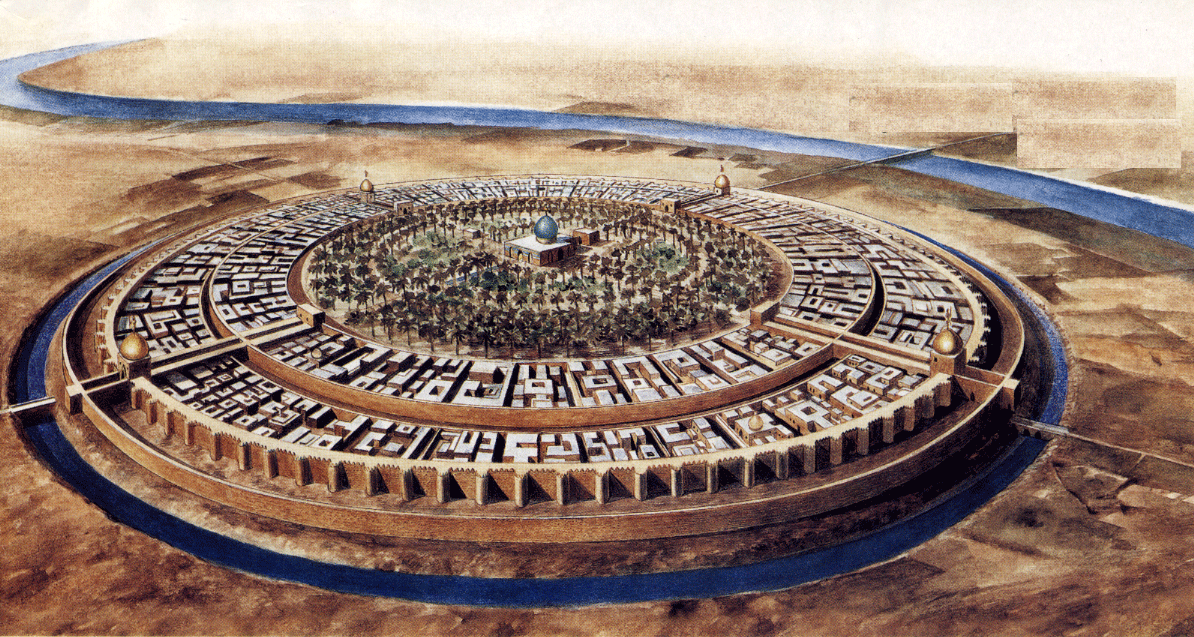Reconstitution de Bagdad, autrefois appelée “la cité de la paix” (Madinat al-Salam), cité ronde construite sous Al-Mansûr.